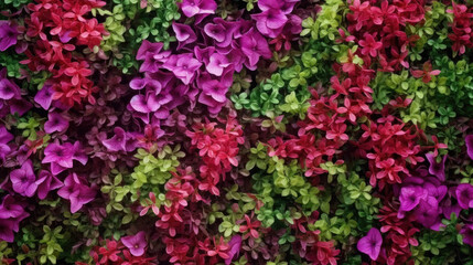 Vertical garden nature backdrop, red and purple petunias flowering plant flowers and green leaves wall background.