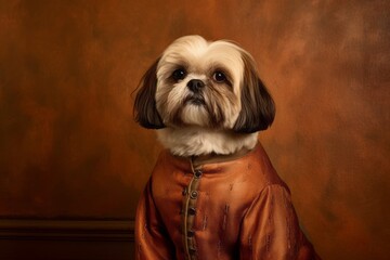 Photography in the style of pensive portraiture of a smiling shih tzu wearing a therapeutic coat against a copper brown background. With generative AI technology