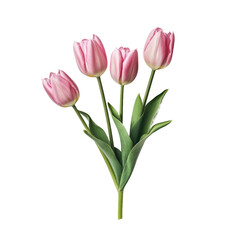 Spring blooming flower pink tulips with green leaves isolated on transparent background
