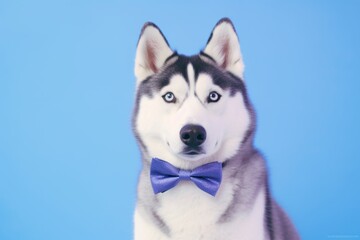 Close-up portrait photography of a funny siberian husky wearing a cute bow tie against a periwinkle blue background. With generative AI technology