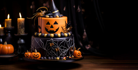 Multi-tiered Halloween cake covered with mastic and sweet themed figures, Copy space