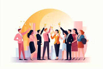 flat illustration captures a joyous moment where a group of employees revels in the success of a project. Raising champagne glasses in a celebratory toast, they congratulate one another