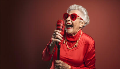 Happy old woman singing with microphone, having fun, expressing musical talent over red background - obrazy, fototapety, plakaty