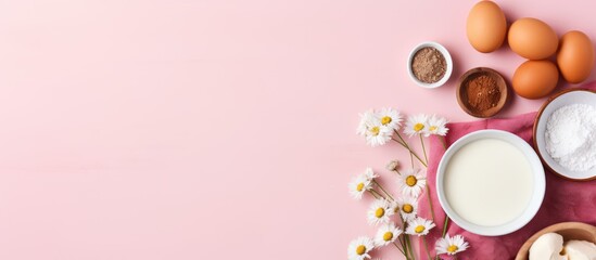 Cookbook with blank recipe pink background top view