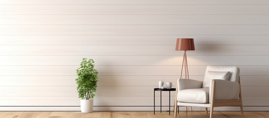 Naklejka na ściany i meble Modern minimalist interior featuring an armchair coffee table wood panel floor lamp blank wall portrayal
