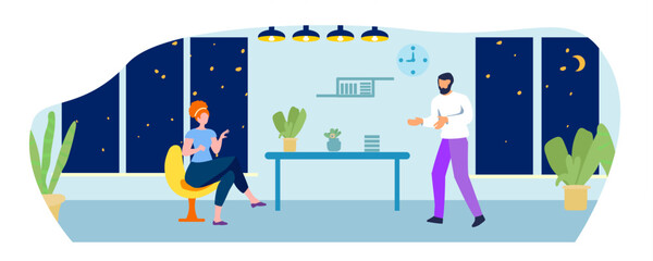 A girl talks to a guy in a room with a window. Friendly conversation. Interior, room, Evening, stars, moon. Vector illustration.