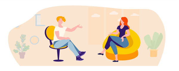 A girl is discussing with a guy in a room with a window. Friendly conversation. Interior, room, yellow. Vector illustration.