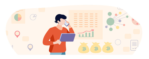 Man with a tablet, documents and a contract. The character plans and sets goals. Analyst, graphs and charts. Businessman, laptop, note. Calculation of income and expenses. Cartoon flat vector illustra