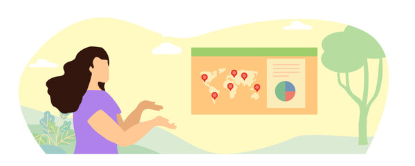 Girl on a background of nature.Map with flags, diagram. Trees, bushes Yellow background. Global warming concept. Vector illustration