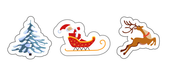 Obraz premium Set of Christmas symbols Santa, deer, Christmas tree. Santa Claus waves his hands on a sleigh with a deer and a Christmas tree in the snow. Vector illustration
