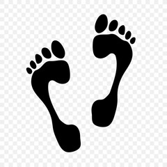Trace of bare human foot.  Black silhouette of human traces. Footprint path. Vector illustration on checkered background. 