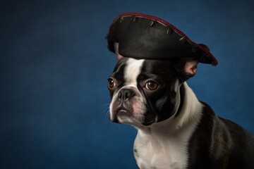 Photography in the style of pensive portraiture of a smiling boston terrier wearing a pirate hat against a minimalist or empty room background. With generative AI technology