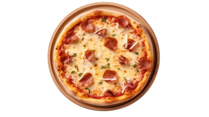 Top view of homemade pizza Italian food, thin-crust pizza pie with mozzarella cheese on wooden round pizza board isolated on transparent background