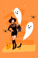 Photo collage vertical illustration of young funky girl wear costume witch black friday bags...