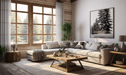 Modern living room featuring farmhouse interior design with stylish sofa, wall, table, artwork and beautiful decor
