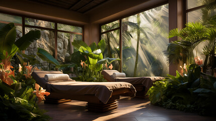 Two spa massage tables in mountain tropical resorts with green plants and trees - obrazy, fototapety, plakaty