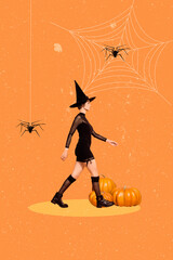 Collage artwork design postcard celebrate holiday autumn halloween scary event witch costume spider...