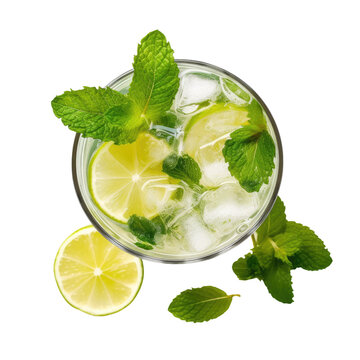 Fresh cocktail with lime slice and mint on green bokeh on transparent  Background