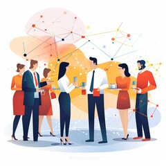 A vibrant flat illustration paints the energetic scene of a networking event tailored for entrepreneurs. Individuals are engrossed in dynamic discussions, exchanging business cards