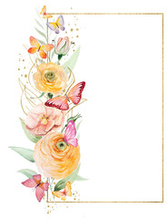 Frame with watercolor butterflies on orange and yellow flowers and green leaves, illustration
