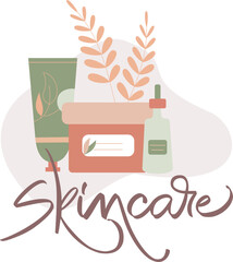 Skincare vector illustration. Cream,  oil, lotion vector illustrations and skincare logo calligraphic element. Can be used for logo design and stickers.