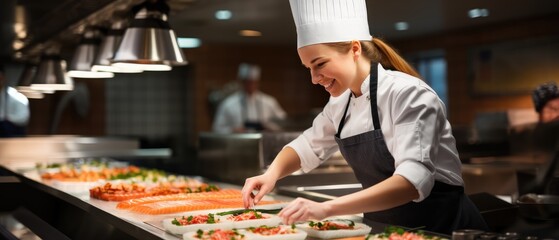 close up salmon fillet of chef woman in uniform in kitchen in ruxury restaurant, Generative AI
