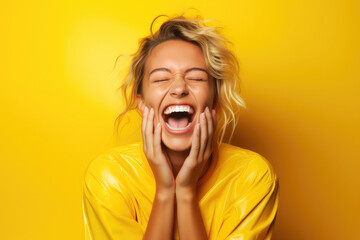 girl laughing with fingers on her face over yellow background - obrazy, fototapety, plakaty