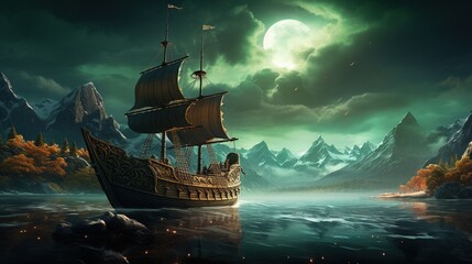 Sailing ship in the sea. Fantasy landscape. Viking Longship.