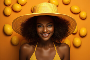 Pretty positive smiling afro american woman wearing straw hat and fruit lemons on background. Natural cosmetics, dermatology concept - obrazy, fototapety, plakaty