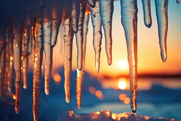 icicles in cold winter landscape at sunset - obrazy, fototapety, plakaty