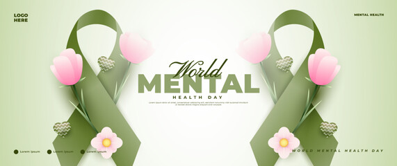 world mental health day banner design with green ribbon elements