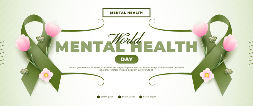 world mental health day banner design with green ribbon elements