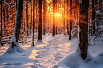 scenic winter forest sunset. Generative AI