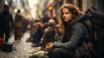 Homeless woman on the street, generative AI