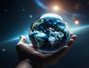 Crystal planet Earth in human hand on the cosmic background. Ecology concept. Save the world, Earth day