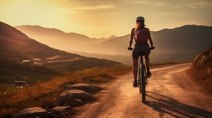 Young woman riding bicycle on beautiful mountain trail in morning, cyclist on sports bike, Generative AI