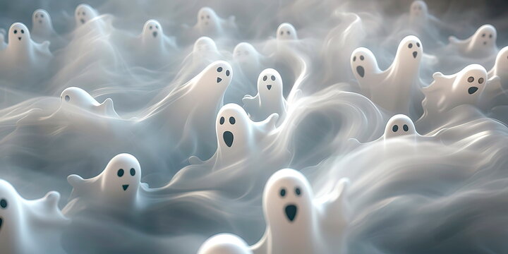 pattern with mischievous, floating ghosts in various sizes and expressions.