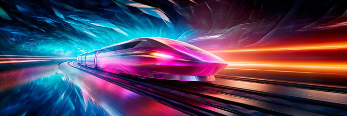 high-speed train racing through a futuristic, neon-lit tunnel, evoking a sense of motion and technological advancement.