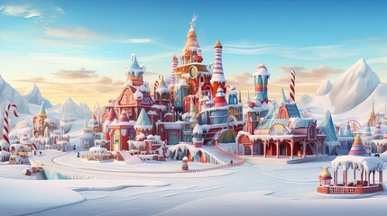 Santa's Candy Castle Cloudscape: A Christmas Land of Milk, Honey, and Toy Factories in the North Pole in 8K created with generative ai technology