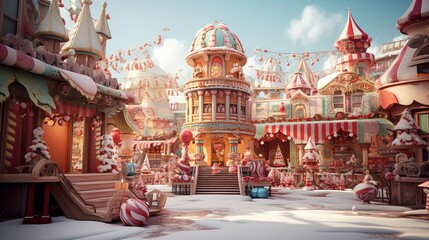Santa's Candy Castle Cloudscape: A Christmas Land of Milk, Honey, and Toy Factories in the North Pole in 8K created with generative ai technology