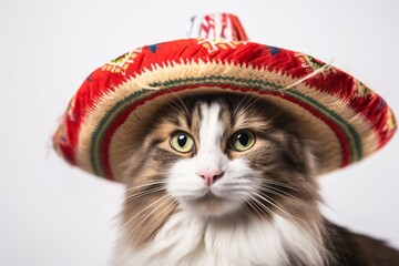 Lifestyle portrait photography of a happy norwegian forest cat wearing a sombrero against a white background. With generative AI technology