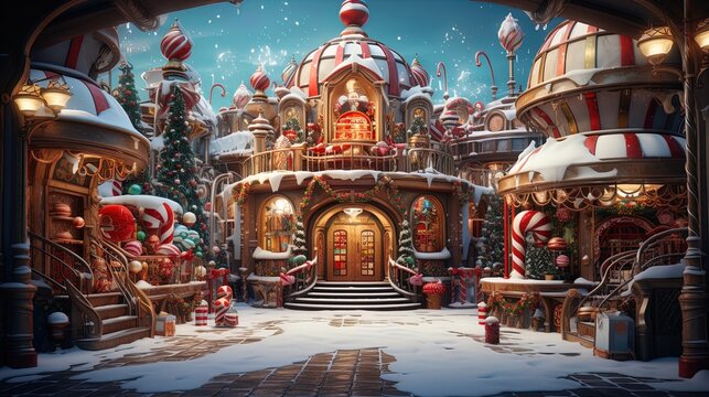 Santa's Candy Castle Cloudscape: A Christmas Land of Milk, Honey, and Toy Factories in the North Pole in 8K created with generative ai technology