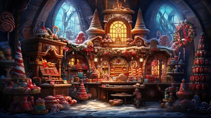 Santa's Candy Castle Cloudscape: A Christmas Land of Milk, Honey, and Toy Factories in the North Pole in 8K created with generative ai technology - obrazy, fototapety, plakaty