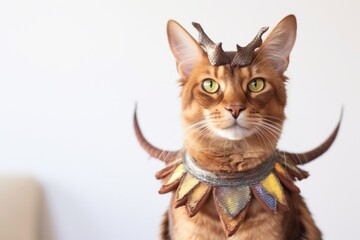 Medium shot portrait photography of a cute somali cat wearing a dragon wings harness against a white background. With generative AI technology