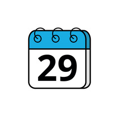 Blue calendar icon for blogs, websites and graphic resources. Calendar icon with specific day marked, day 29.