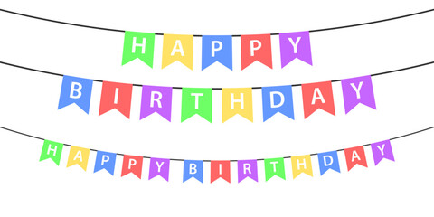 Flag garlands. Festive bunting. Triangle banners. Birthday decoration. Happy birthday text. Background decor for celebration. Colorful, flat color. Vector sign.