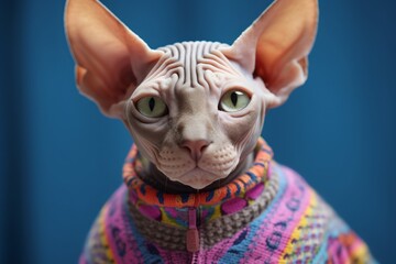 Close-up portrait photography of a smiling sphynx cat wearing a fish-patterned sweater against a pastel or soft colors background. With generative AI technology