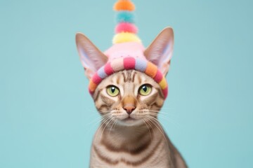 Studio portrait photography of a cute ocicat cat wearing a jester hat against a pastel or soft colors background. With generative AI technology