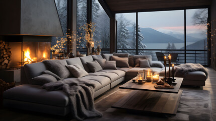 Interior of a cozy winter living room with fireplace and comfortable sofas - obrazy, fototapety, plakaty