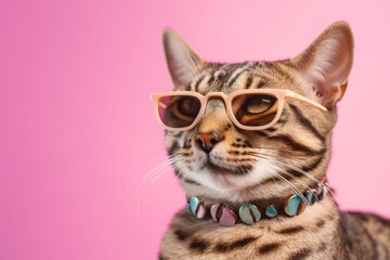Lifestyle portrait photography of a happy savannah cat wearing a trendy sunglasses against a pastel or soft colors background. With generative AI technology